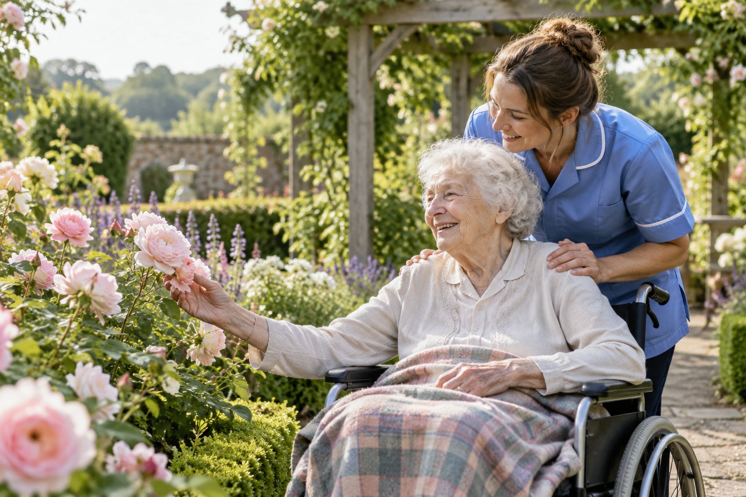 A smiling carer in a blue tunic rests both hands on the shoulders of an older woman in a wheelchair, who reaches out to touch the pink roses in a sunny garden.