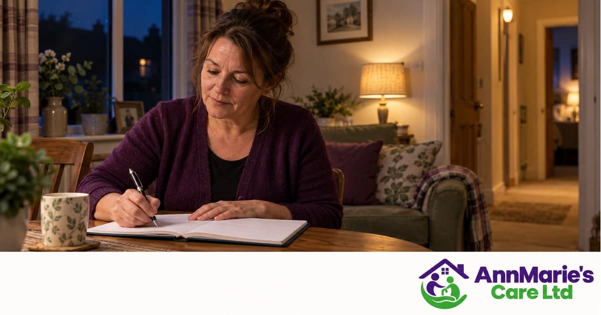 AI-generated photograph: An awake night carer making notes in a softly lit sitting room. AnnMarie's Care Ltd branding.