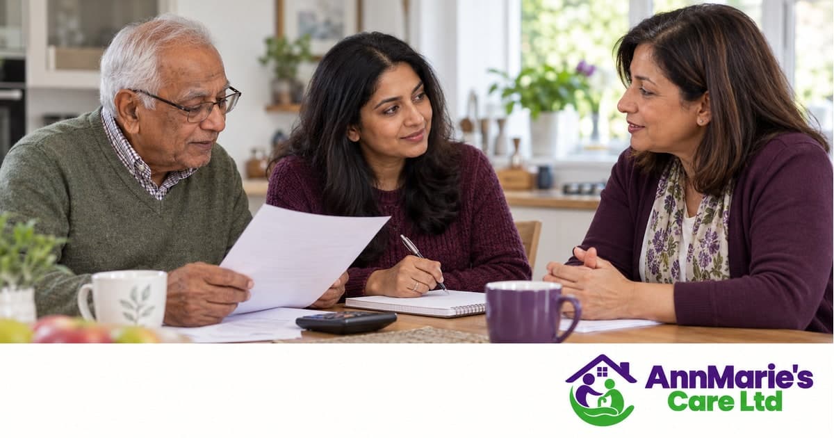 AI-generated photograph: An older man, his daughter and a care adviser discussing options around a kitchen table. AnnMarie's Care Ltd branding.