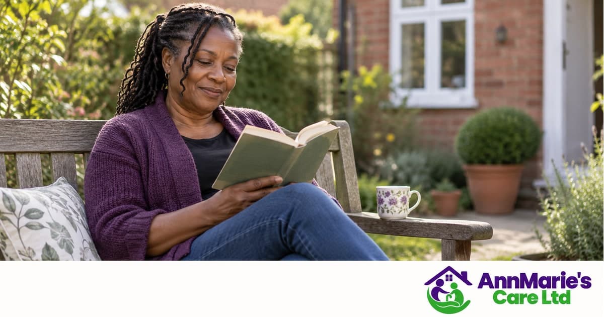AI-generated photograph: A carer taking a quiet reading break on a garden bench. AnnMarie's Care Ltd branding.