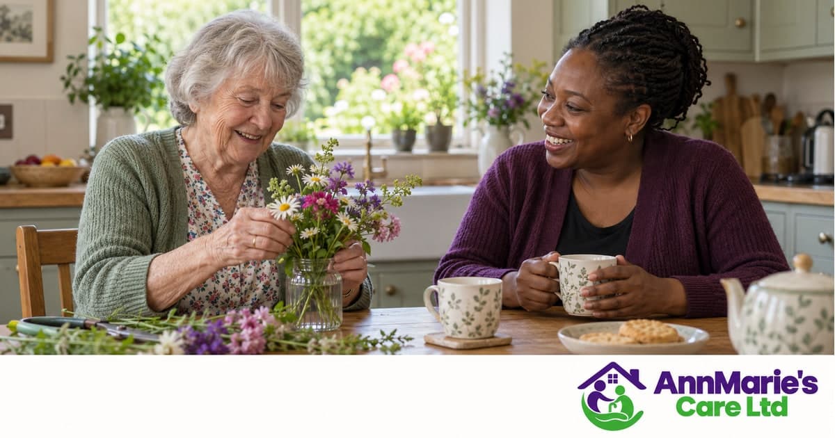 AI-generated photograph: An older woman arranging flowers at home while chatting with a carer over tea. AnnMarie's Care Ltd branding.