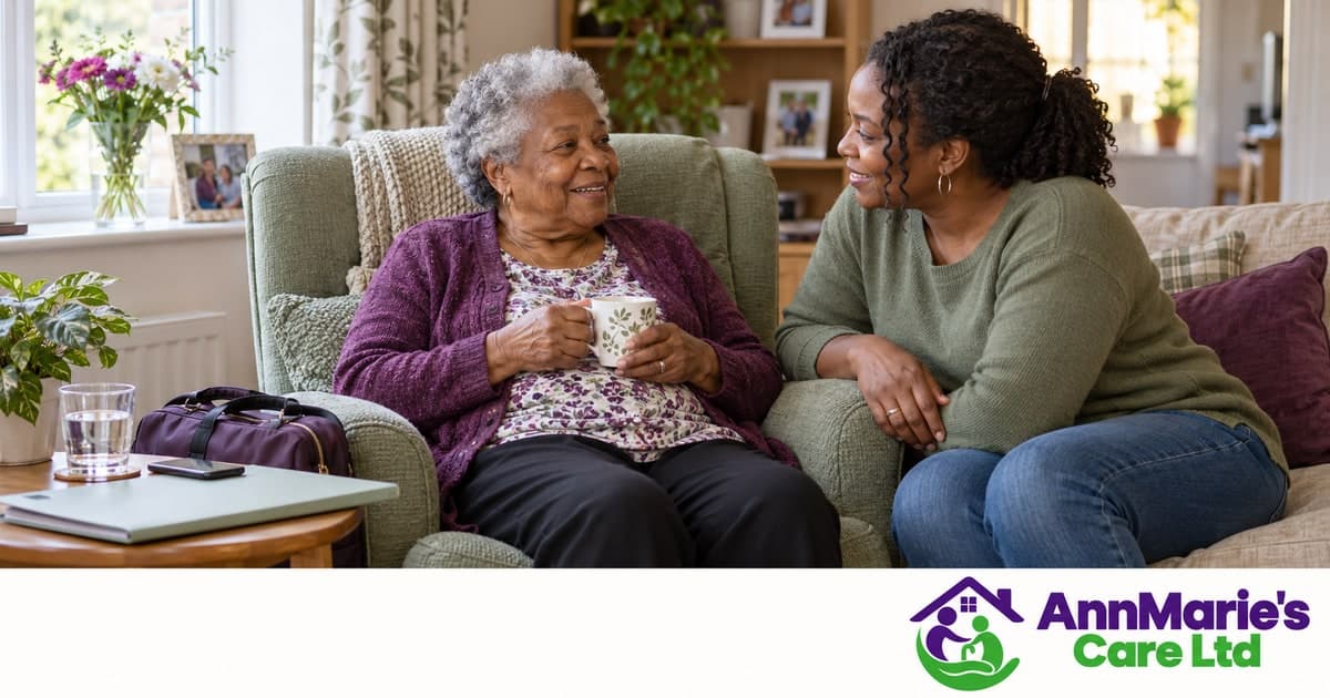 AI-generated photograph: An older woman talking with her daughter at home, with an overnight bag and discharge folder nearby. AnnMarie's Care Ltd branding.